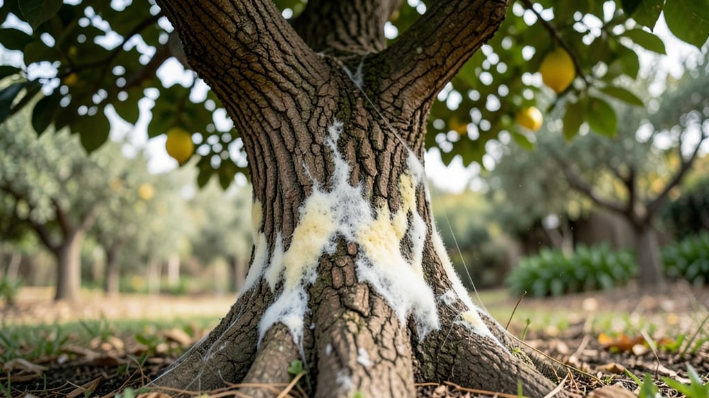 White Fungus on Lemon Tree Trunk